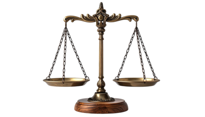 Ornate balance scale, brassy gold on dark ground, center view