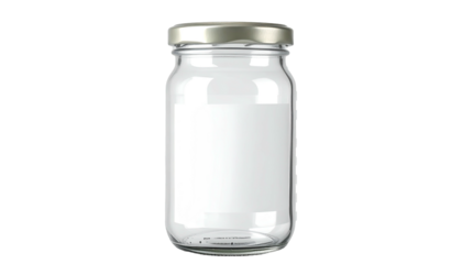 Clear glass jar with metal lid, blank white label