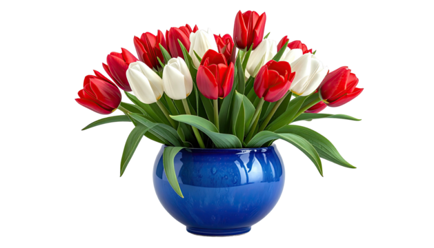 Red and white tulips bloom in glossy cobalt blue vase