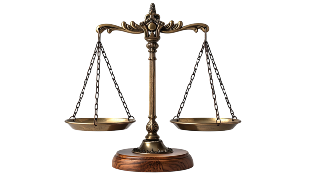 Ornate balance scale, brassy gold on dark ground, center view