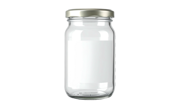 Clear glass jar with metal lid, blank white label