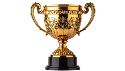 Ornate golden trophy with detailed carvings on a black base
