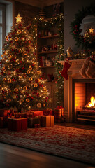 Christmas background living room with warm lights glowing fireplace cozy atmosphere