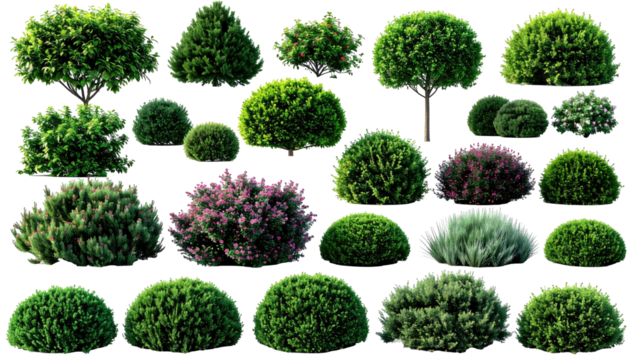 Diverse collection of various shrub shapes and colors on black