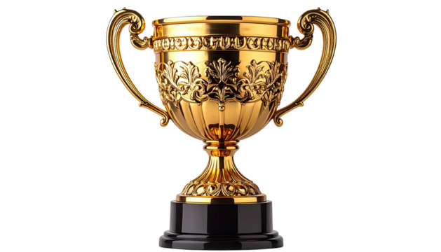Ornate golden trophy with detailed carvings on a black base