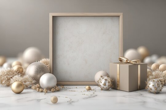 An empty mockup poster frame surrounded by Christmas decorations, including a festive ornament on the frame.