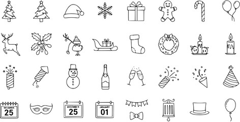 Fototapeta premium Hand drawn Christmas and New Year doodle icon set