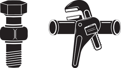 Black and White Vector Illustration of Bolt Nut and Pipe Wrench