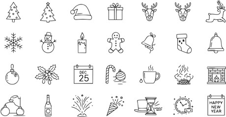 Christmas and New Year's Eve Outline Icons Set. Doodle Style Holiday Symbols Collection with Xmas Trees, Reindeer, Santa, Gifts, Snowman, Stocking, Fireplace, Fireworks, Countdown.