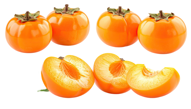 Ripe persimmons; some whole, others sliced open on black