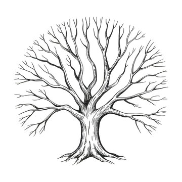 Detailed sketch of a bare deciduous tree in winter silhouette