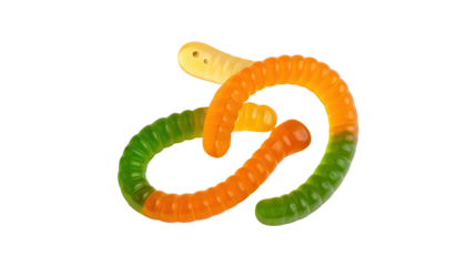 Twisted gummy worm candy green, orange, and off-white layers