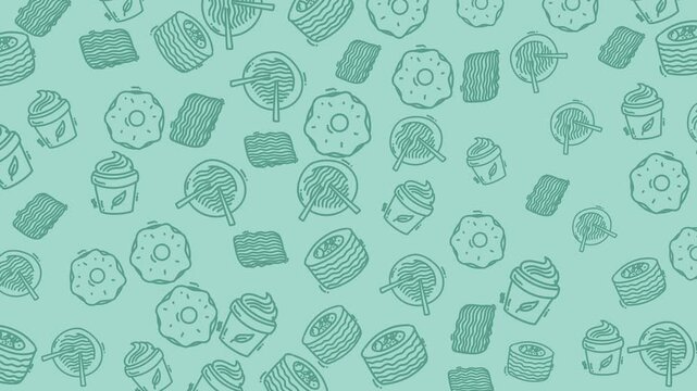 Doodle food icons pattern with noodles, donuts, ice cream on a green background suitable for menus, recipe books, food blogs, and culinary websites