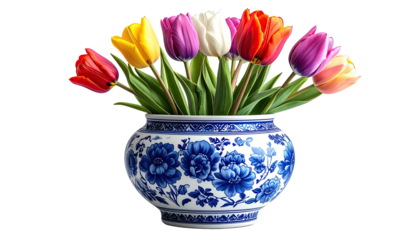 Assorted tulips burst from an ornate, blue-patterned ceramic vase