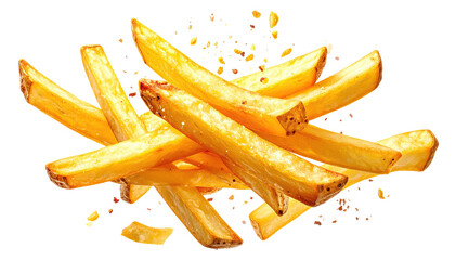 Pile of golden, crispy French fries on black background