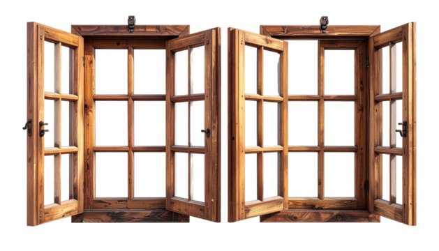 Two open, rustic wooden windows with multiple panes