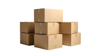 Stack of cardboard boxes, plain brown, taped shut, dark background