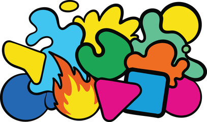 Colorful Abstract Shapes With Flames And Geometric Forms On White Background With Black Outline