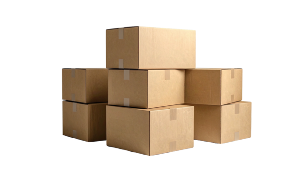 Stack of cardboard boxes, plain brown, taped shut, dark background