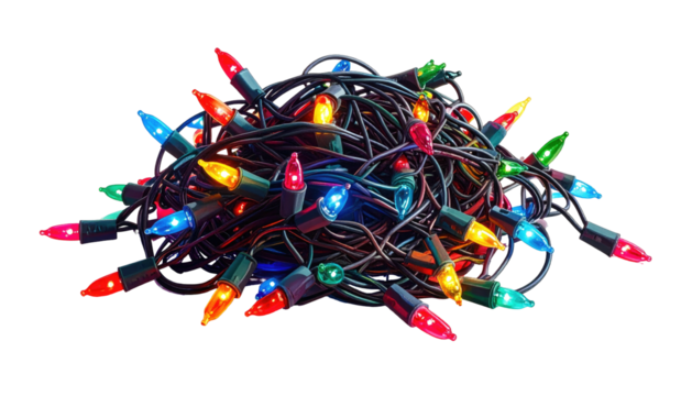 Tangled Christmas lights, multi-colored, clustered on black ground - Powered by Adobe