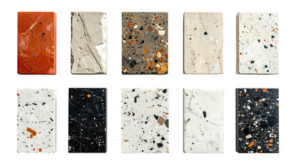 Stone, marble, granite samples in various color and pattern combos