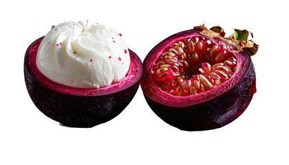 Sliced mangosteen fruit showcasing texture & color