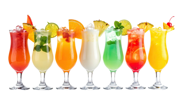 Row of colourful fruity cocktails in stemmed glasses, dark backdrop