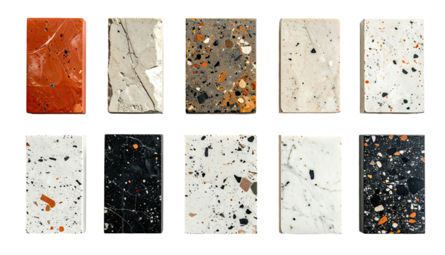Stone, marble, granite samples in various color and pattern combos
