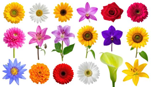 Diverse arrangement of colorful flowers against a black backdrop