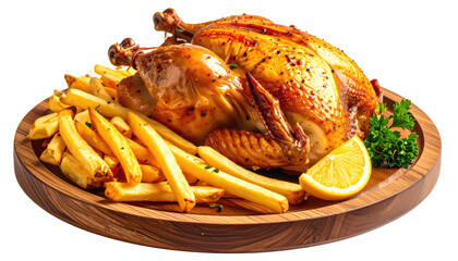 Golden roasted chicken with fries, lemon wedge on wooden plate
