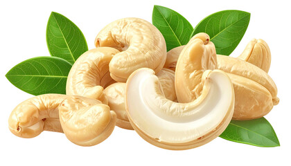 Cashews surrounded by vivid green leaves; food photography