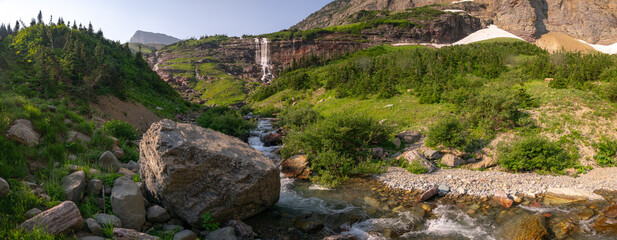Panorama Of Morning Eagle Falls In Glacier