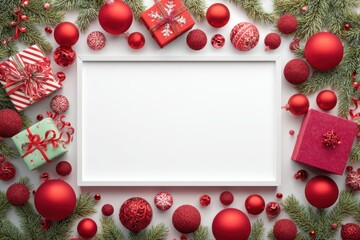 A festive Christmas background featuring red and green decorations with an empty mockup poster frame in the center, perfect for holiday-themed designs and promotions.