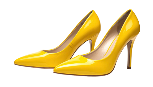 Glossy yellow heels, poised. Black backdrop enhances the color