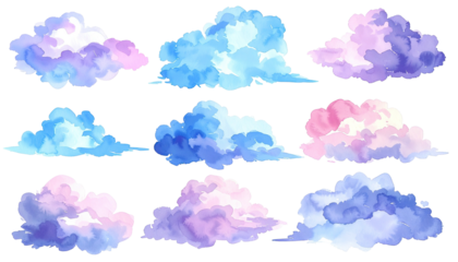 Nine watercolor-style clouds in various pastel shades on black