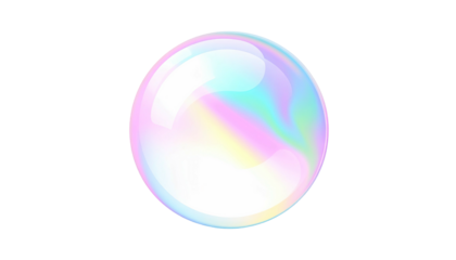 Iridescent sphere reflecting pastel colors floats in darkness
