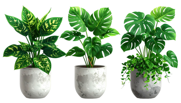 Three potted house plants with varied foliage, against black - Powered by Adobe