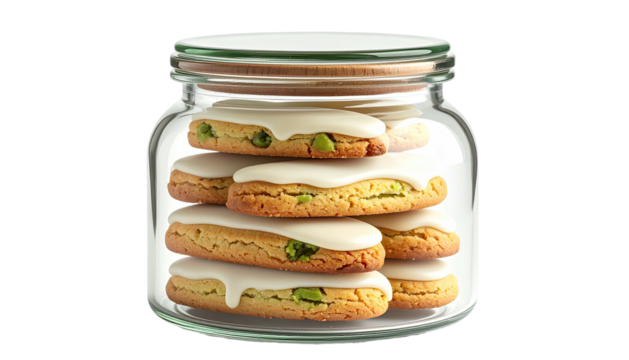 Jar of frosted cookies neat stack; light hue, simple, isolated