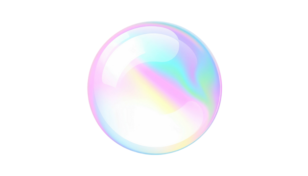 Iridescent sphere reflecting pastel colors floats in darkness