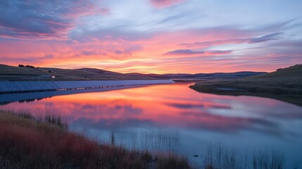 Obraz premium Serene sunset reflection over calm lake remote valley nature photography tranquil atmosphere wide-angle view landscape beauty
