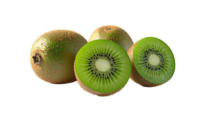 Cluster of kiwis, some sliced open, shows seeds and green flesh