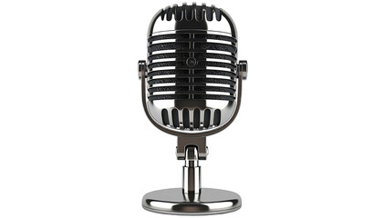 Classic silver microphone on stand, isolated on black background