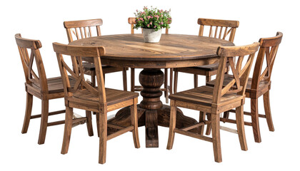 Rustic wood dining set with round table and cross-back chairs