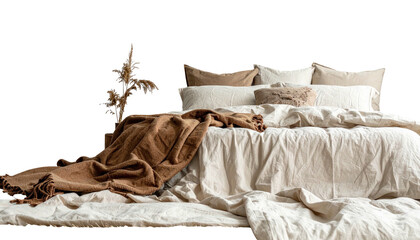 Bed with rumpled linen bedding, neutral tones, pampas grass d?cor