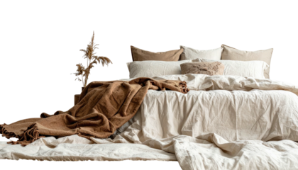 Bed with rumpled linen bedding, neutral tones, pampas grass d?cor