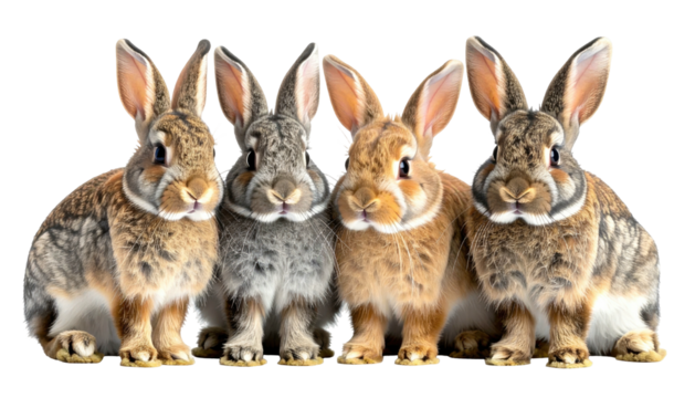 Four rabbits standing together, side-by-side, facing forward