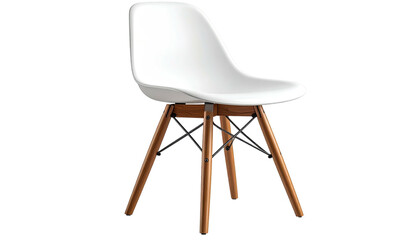 White plastic chair with wooden and metal legs, side view