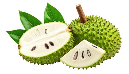 Soursop whole, halved, sliced fruit; vibrant green leaves