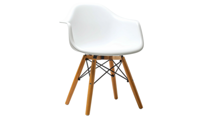 White molded chair, light wooden legs. Black support structure