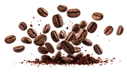 Roasted coffee beans levitate above brown ground coffee